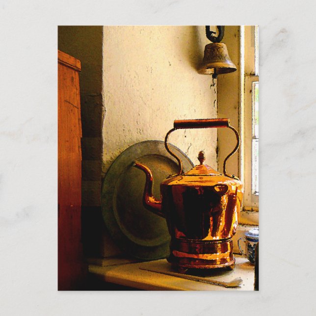 Copper Tea Kettle on Windowsill Postcard (Front)