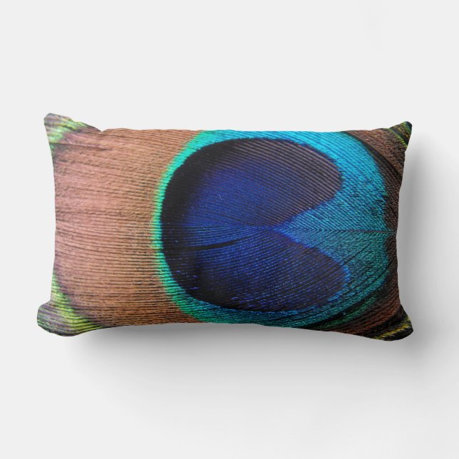 Copper/Teal/Blue Peacock Feather Lumbar Cushion (Front)