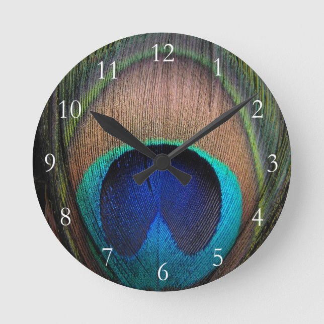 Copper/Teal/Blue Peacock Feather Round Clock (Front)