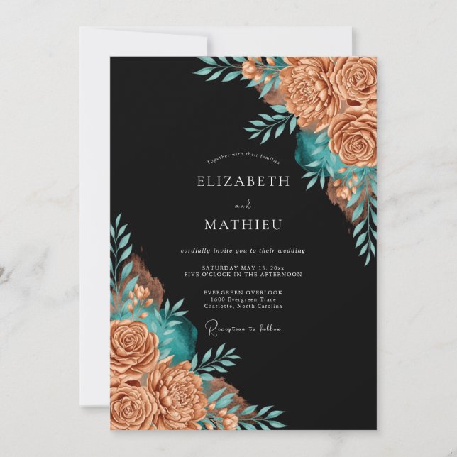 Copper Teal Floral Whimsy Wedding Invitation (Front)