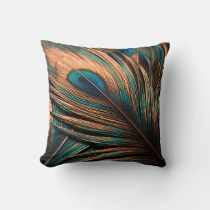 Copper Teal Peacock Feather Macro Luxury Cushion