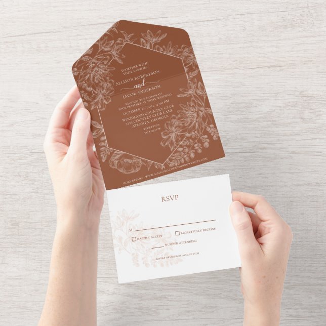 Copper Terracotta Floral Botanical Wedding  All In One Invitation (Tearaway)