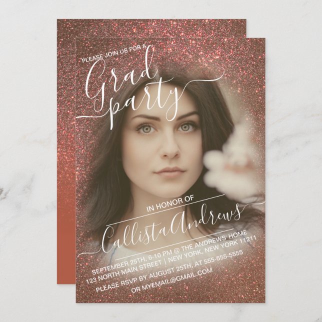 Copper Terracotta Glitter Ombre Photo Graduation Invitation (Front/Back)