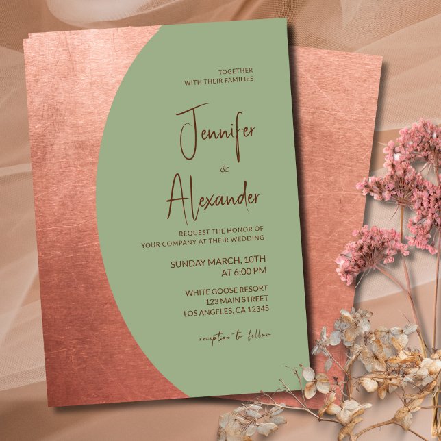 Copper Terracotta & Sage Green Minimalist Wedding Invitation (Creator Uploaded)