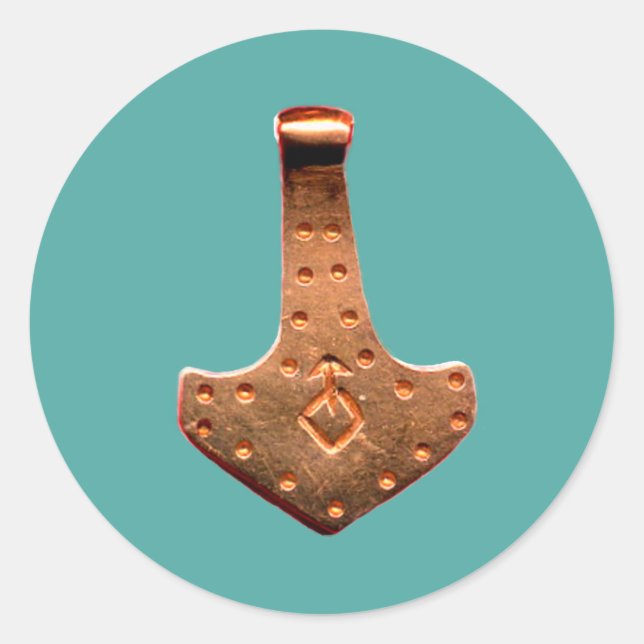 Copper Thor Hammer teal large round stickers (Front)