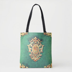 Copper trim opal green frayed fabric tote bag