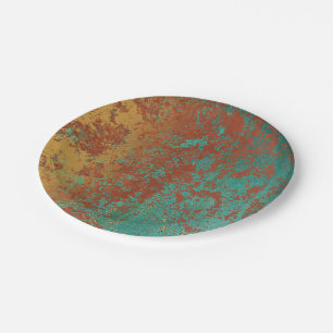 Copper Turquoise Blue Orange Brown Texture Paper Plate