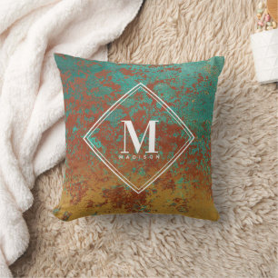 Copper Turquoise Metallic Texture Monogram Initial Cushion