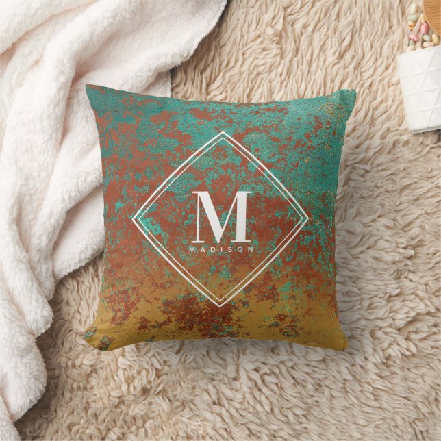 Copper Turquoise Metallic Texture Monogram Initial Cushion (Blanket)