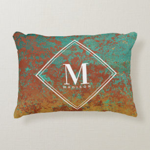 Copper Turquoise Metallic Texture Monogram Initial Decorative Cushion