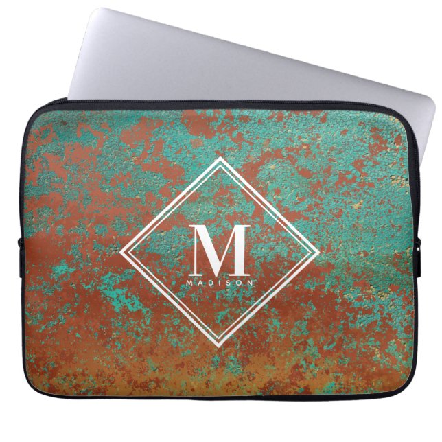 Copper Turquoise Metallic Texture Monogram Initial Laptop Sleeve (Front)