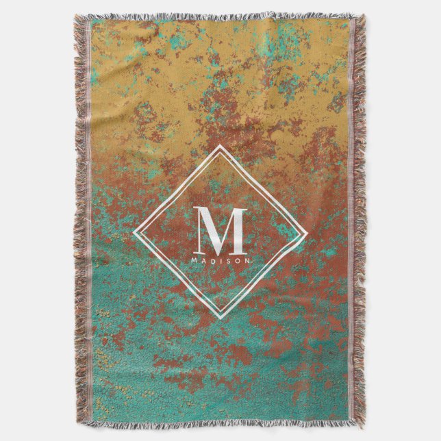 Copper Turquoise Metallic Texture Monogram Initial Throw Blanket (Front Vertical)