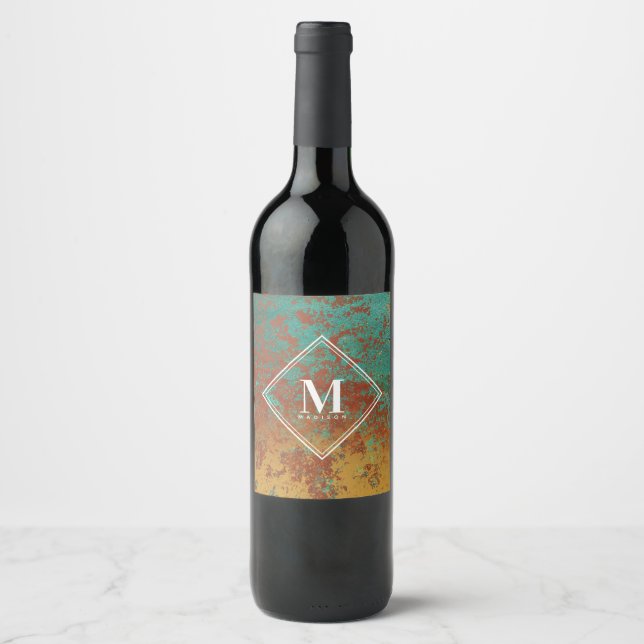 Copper Turquoise Metallic Texture Monogram Initial Wine Label (Front)