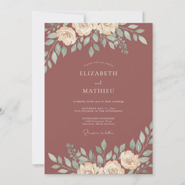 Copper Watercolor Leaf Wedding Invitation (Front)