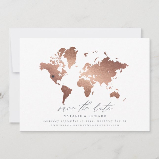 Copper watercolor world map wedding announcement (Front)