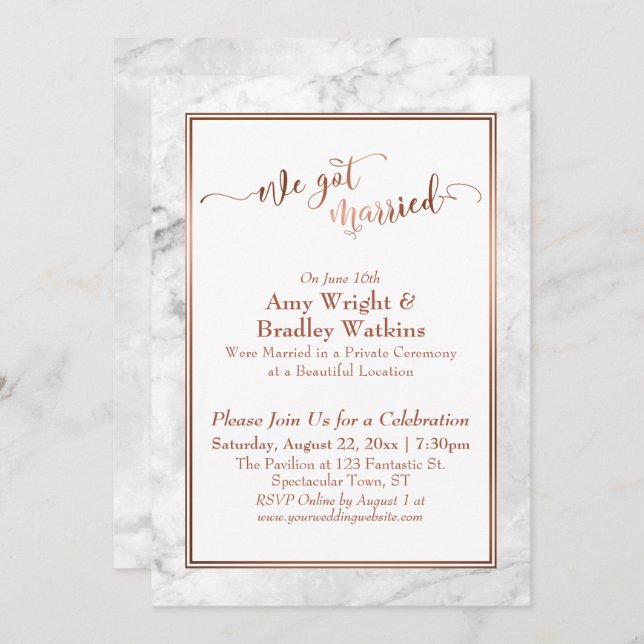Copper We Got Married White Marble Celebration Invitation (Front/Back)
