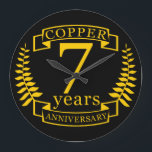 Copper wedding anniversary 7  years large clock<br><div class="desc">A design to celebrate 7 years of marriage. This design has a yellow (the traditional colour for this anniversary) coloured laurel design on a black background. Copper is the traditional gift for this occasion, in the USA. The text reads copper 7 years anniversary. A romantic design to celebrate your 7th...</div>