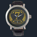 Copper wedding anniversary 7  years watch<br><div class="desc">A design to celebrate 7 years of marriage. This design has a yellow (the traditional colour for this anniversary) coloured laurel design on a black background. Copper is the traditional gift for this occasion, in the USA. The text reads copper 7 years anniversary. A romantic design to celebrate your 7th...</div>