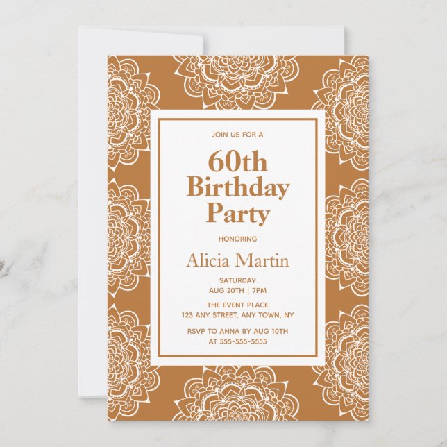 Copper & White Mandala Flower 60th Birthday Invitation (Front)