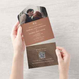 Copper Wood QR Photo Wedding All In One Invitation