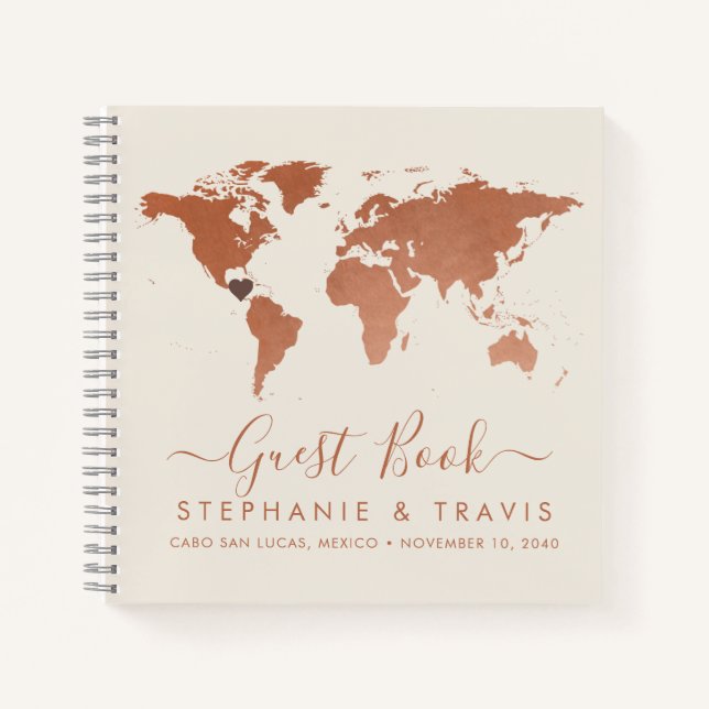 Copper World Map Heart Destination Guest Book (Front)