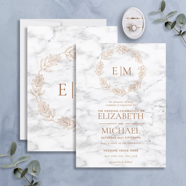 Copper Wreath Marble Monogram Elegant Wedding Invitation (Creator Uploaded)