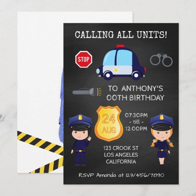 Cops and Robbers Birthday Chalkboard add photo Invitation (Front/Back)