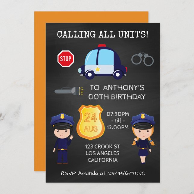 Cops and Robbers Birthday Chalkboard Invitation (Front/Back)