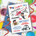 Cops and Robbers Birthday Party Invitation<br><div class="desc">Super cute Cops and Robbers birthday party invitation with fun funky fonts. Features a police man hanging like a superhero from a helicopter,  holding a donut,  a robber or escaped inmate with a bag of cash,  handcuffs,  megaphone and police car.
Hand drawn illustration by McBooboos</div>