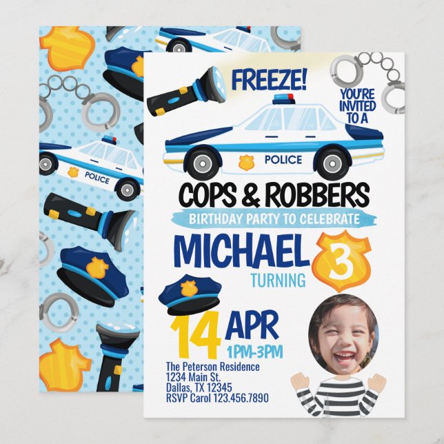 Cops and Robbers Birthday Party Invitation Invite (Front/Back)