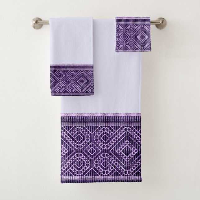 Coptic textile pattern in purple bath towel set (Insitu)