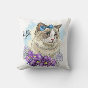 Copy of Hand drawing funny Cute cat with flowers Cushion