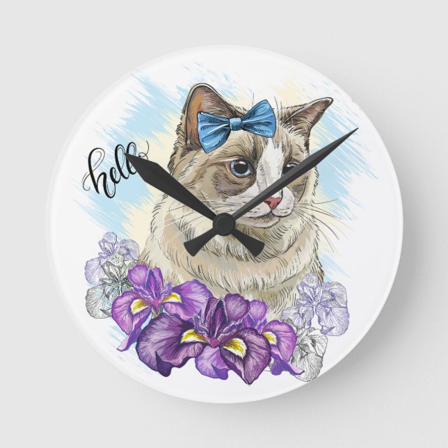 Copy of Hand drawing funny Cute cat with flowers Round Clock (Front)