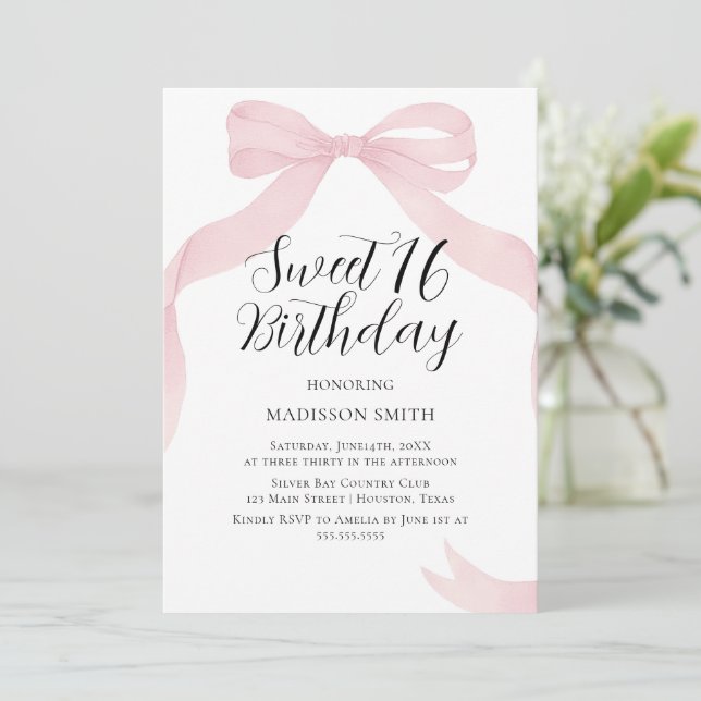 Coquete pink bow Sweet Sixteen invitation (Standing Front)