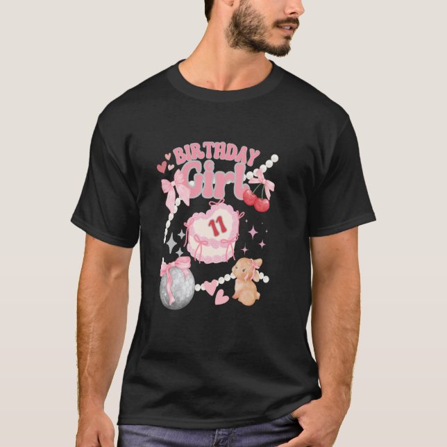Coquette 11th Birthday Girl Bow Pink Cherries Tedd T-Shirt (Front)