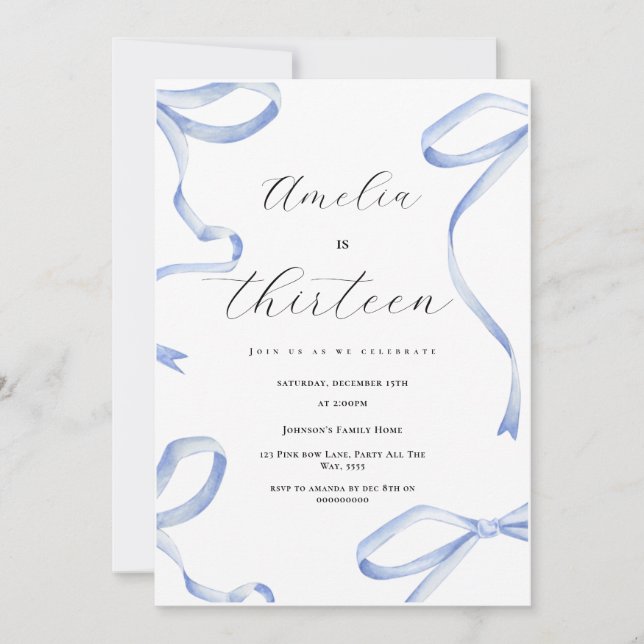 Coquette 13th Party Girl Blue Bow Elegant Ribbon Invitation (Front)
