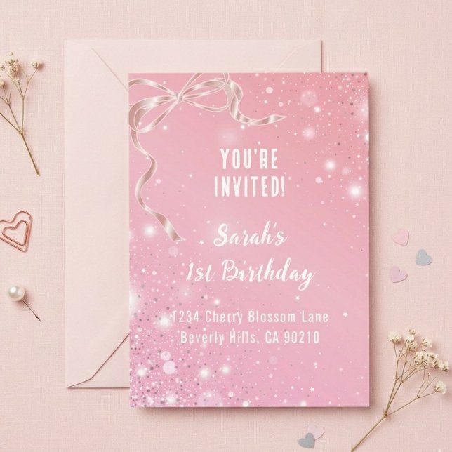 Coquette 1st Birthday Invitations Pink Bow  (Creator Uploaded)