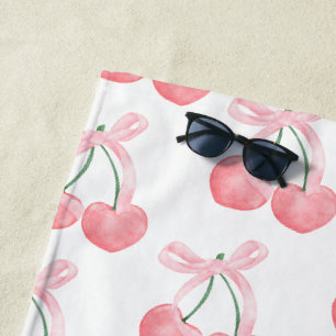 Coquette Aesthetic Bow Cherries Personalised Name Beach Towel
