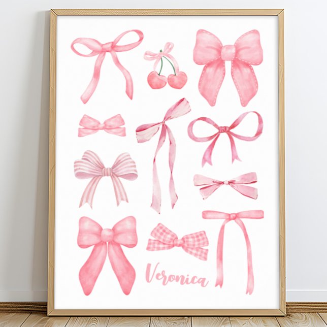 Coquette Aesthetic Cute Girly Pink Bows with Name Poster (Coquette poster, coquette wall art, pink bow poster, personalized cute girly aesthetic art print)
