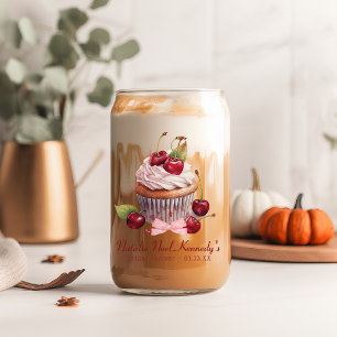 Coquette Aesthetic Pink Bow Cherry Personalised Can Glass