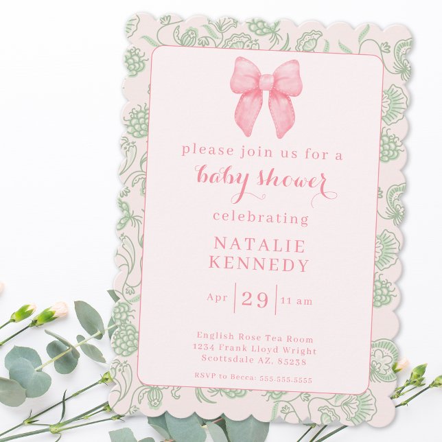 Coquette Aesthetic Pink Bow Sage Green Baby Girl Invitation (Creator Uploaded)