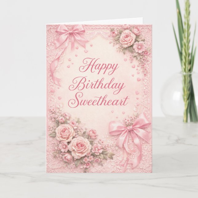 Coquette Aesthetic Pink Ribbon Bow Birthday Card (Front)