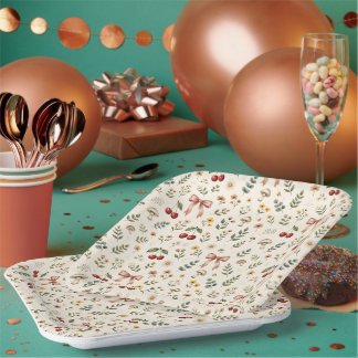 Coquette Aesthetic Red Cherry and Pink Ribbon Patt Paper Plate