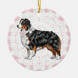 Coquette Australian Shepherd Dog Pink Gingham Bows Ceramic Ornament