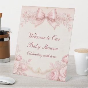Coquette Baby Girl Shower Pedestal Sign, Pink Bow Sign