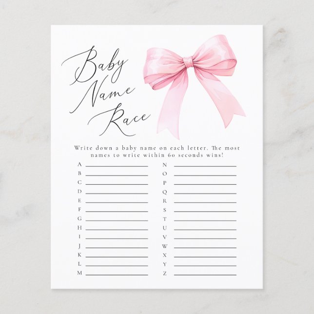 Coquette Baby Name Race Baby Shower Game (Front)