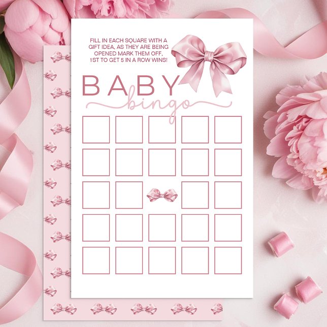 Coquette Baby Shower Bingo Game – Elegant Pink Bow (Baby Bingo Game Card)