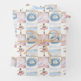 Coquette Ballerina and Swan Pastel Grid Seamless Wrapping Paper Sheet