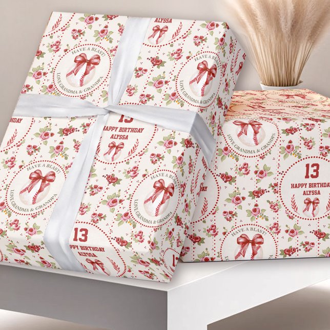 Coquette Baseball Bow Floral Girl Name Birthday  Wrapping Paper (Coquette Baseball Red Bow Floral Vintage Birthday Wrapping Paper)