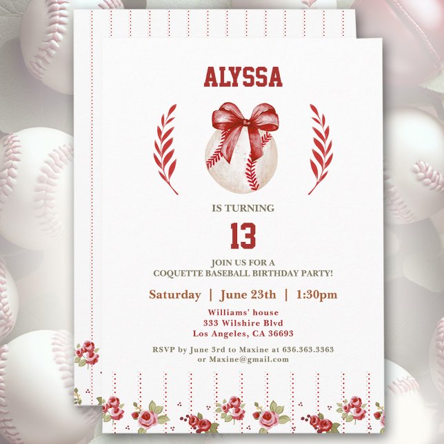 Coquette Baseball Red Bow Floral Modern Birthday Invitation (Coquette Baseball Red Bow Floral Modern Birthday Invitation)